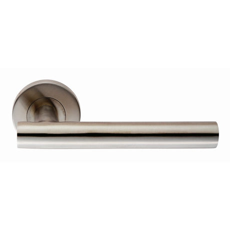 This is an image of a Eurospec - Straight Lever on Sprung Rose - Satin Stainless Steel that is availble to order from Trade Door Handles in Kendal.