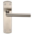 This is an image of a Eurospec - Steelworx Residential Mitred Lever on Latch Backplate - Satin Stainle that is availble to order from Trade Door Handles in Kendal.