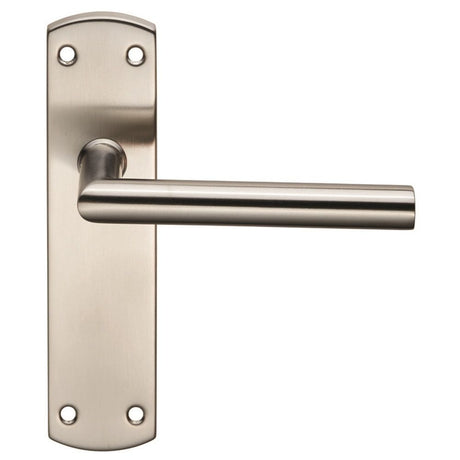 This is an image of a Eurospec - Steelworx Residential Mitred Lever on Latch Backplate - Satin Stainle that is availble to order from Trade Door Handles in Kendal.