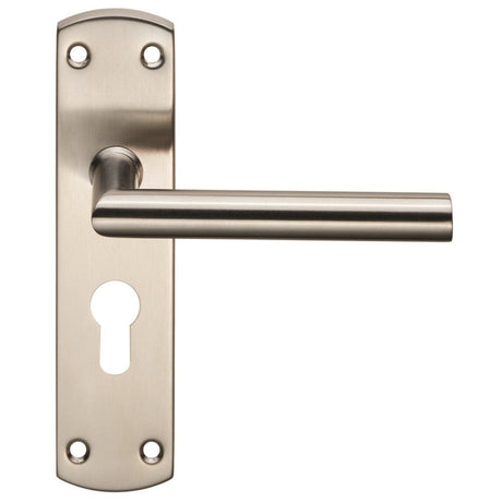 This is an image of a Eurospec - Steelworx Residential Mitred Lever on Euro Lock Backplate - Satin Sta that is availble to order from Trade Door Handles in Kendal.