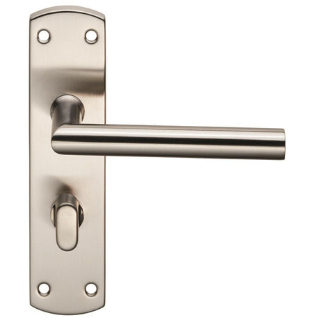 This is an image of a Eurospec - Steelworx Residential Mitred Lever on WC Backplate - Satin Stainless that is availble to order from Trade Door Handles in Kendal.