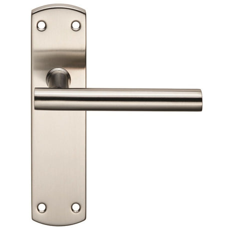 This is an image of a Eurospec - Steelworx Residential T Bar Lever on Latch Backplate - Satin Stainles that is availble to order from Trade Door Handles in Kendal.