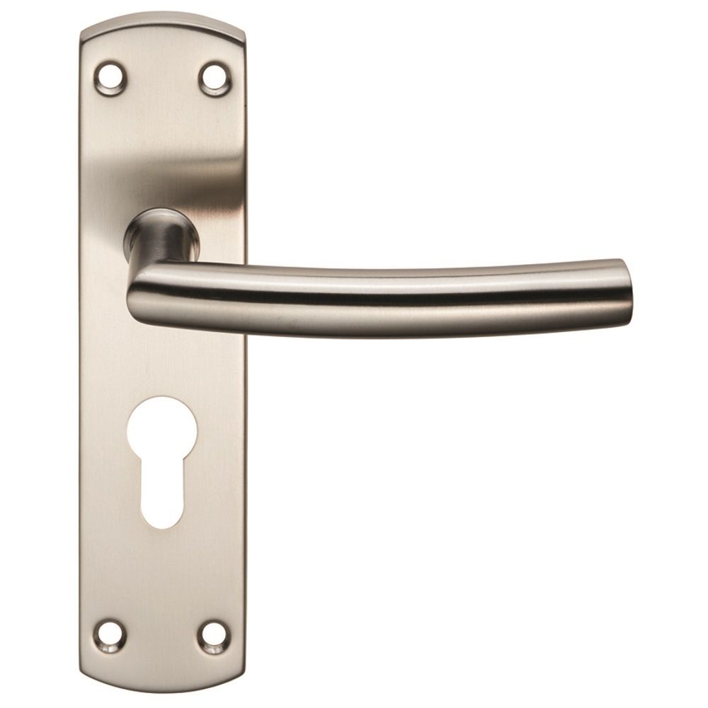 This is an image of a Eurospec - Steelworx Residential Arched Lever on Euro Lock Backplate - Satin Sta that is availble to order from Trade Door Handles in Kendal.