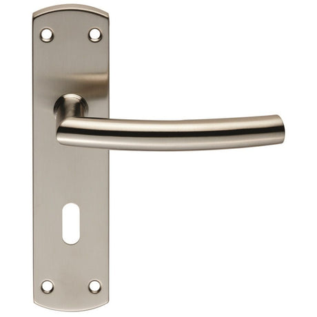 This is an image of a Eurospec - Steelworx Residential Arched Lever on Lock Backplate - Satin Stainles that is availble to order from Trade Door Handles in Kendal.
