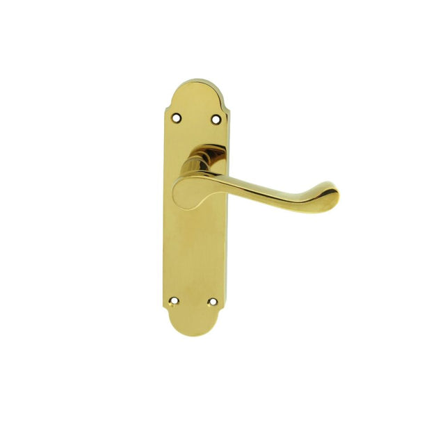 This is an image of a Carlisle Brass - Oakley Lever on Latch Backplate - Polished Brass that is availble to order from Trade Door Handles in Kendal.