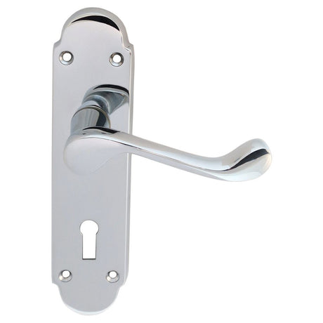 This is an image of a Carlisle Brass - Oakley Lever on Lock Backplate - Polished Chrome that is availble to order from Trade Door Handles in Kendal.