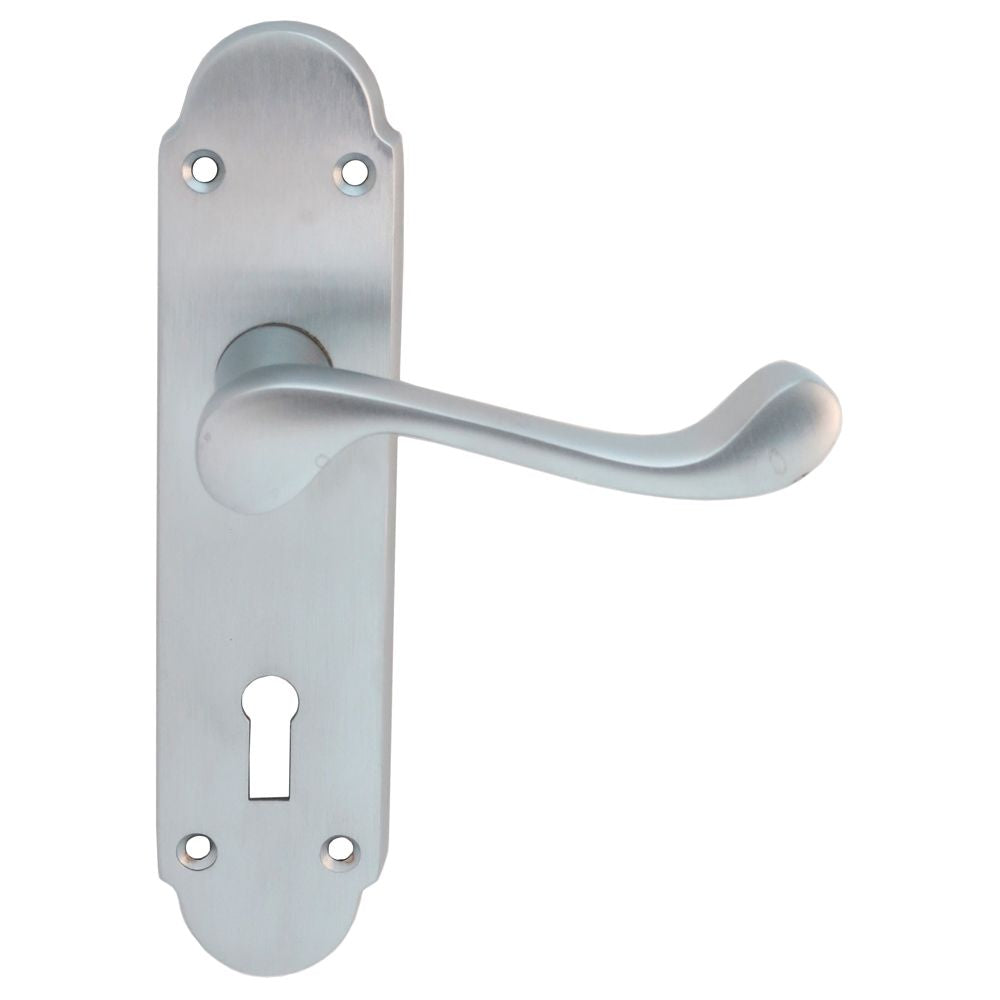 This is an image of a Carlisle Brass - Oakley Lever on Lock Backplate - Satin Chrome that is availble to order from Trade Door Handles in Kendal.