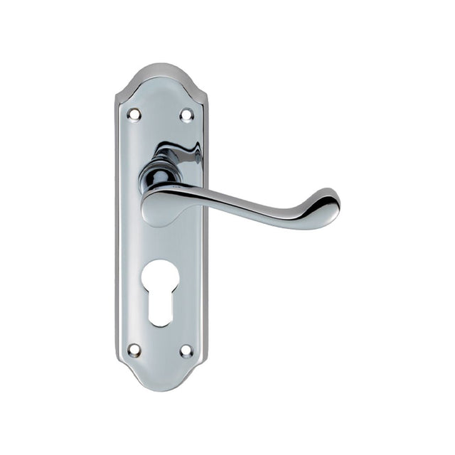 This is an image of a Carlisle Brass - Ashtead Lever on Euro Lock Backplate - Polished Chrome that is availble to order from Trade Door Handles in Kendal.