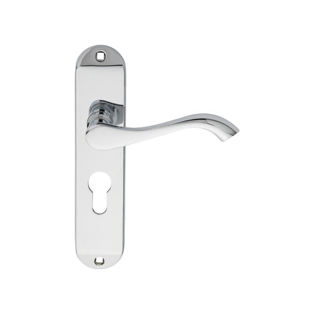 This is an image of a Carlisle Brass - Andros Lever on Euro Lock Backplate - Polished Chrome that is availble to order from Trade Door Handles in Kendal.