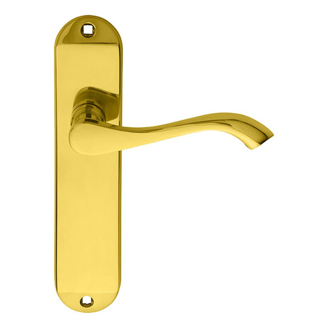 This is an image of a Carlisle Brass - Andros Lever on Latch Backplate - Polished Brass that is availble to order from Trade Door Handles in Kendal.