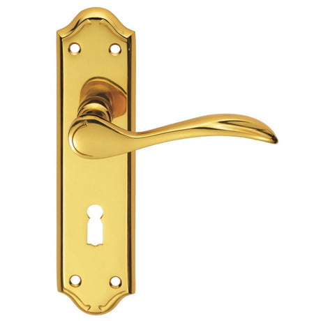 This is an image of a Carlisle Brass - Madrid Lever on Lock Backplate - Polished Brass that is availble to order from Trade Door Handles in Kendal.