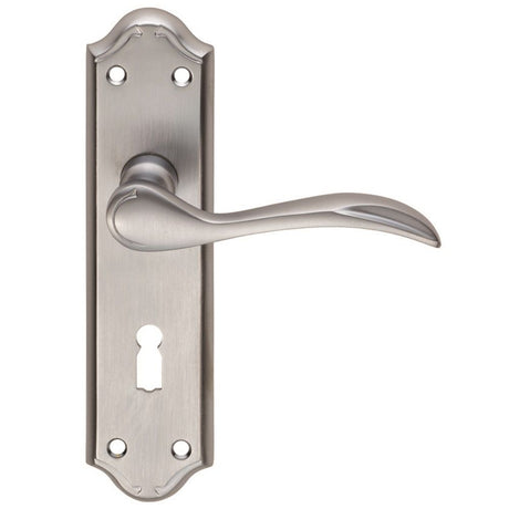 This is an image of a Carlisle Brass - Madrid Lever on Lock Backplate - Satin Chrome that is availble to order from Trade Door Handles in Kendal.