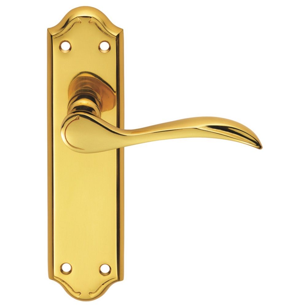 This is an image of a Carlisle Brass - Madrid Lever on Latch Backplate - Polished Brass that is availble to order from Trade Door Handles in Kendal.