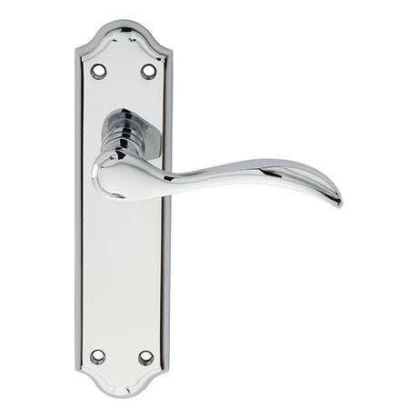 This is an image of a Carlisle Brass - Madrid Lever on Latch Backplate - Polished Chrome that is availble to order from Trade Door Handles in Kendal.