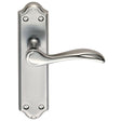 This is an image of a Carlisle Brass - Madrid Lever on Latch Backplate - Satin Chrome that is availble to order from Trade Door Handles in Kendal.