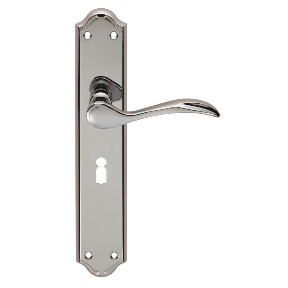 This is an image of a Carlisle Brass - Madrid Lever on Long Lock Backplate - Polished Chrome that is availble to order from Trade Door Handles in Kendal.