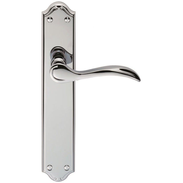 This is an image of a Carlisle Brass - Madrid Lever on Long Latch Backplate - Polished Chrome that is availble to order from Trade Door Handles in Kendal.