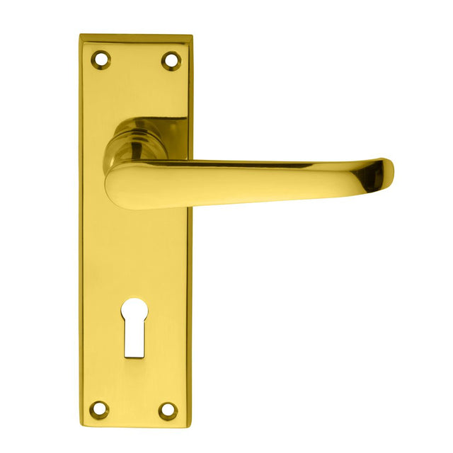 This is an image of a Carlisle Brass - Victorian Ascot Lever on Lock Backplate - Polished Brass that is availble to order from Trade Door Handles in Kendal.