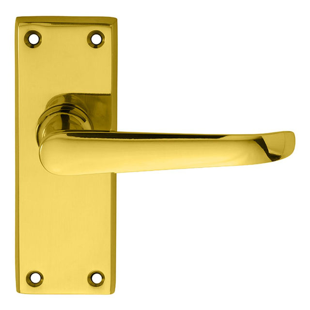 This is an image of a Carlisle Brass - Victorian Ascot Lever on Short Latch Backplate - Polished Brass that is availble to order from Trade Door Handles in Kendal.