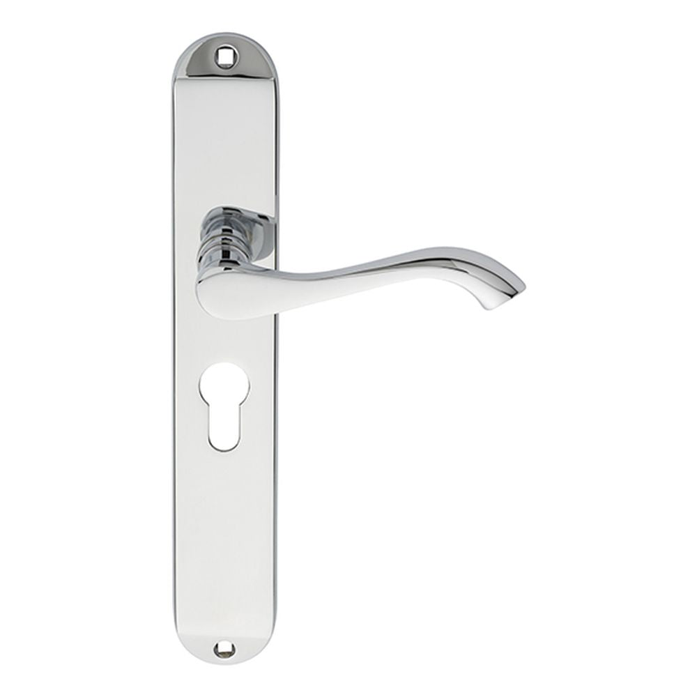 This is an image of a Carlisle Brass - Andros Lever on Euro Lock Long Backplate - Polished Chrome that is availble to order from Trade Door Handles in Kendal.