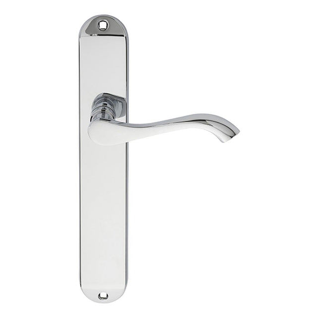 This is an image of a Carlisle Brass - Andros Lever on Long Latch Backplate - Polished Chrome that is availble to order from Trade Door Handles in Kendal.