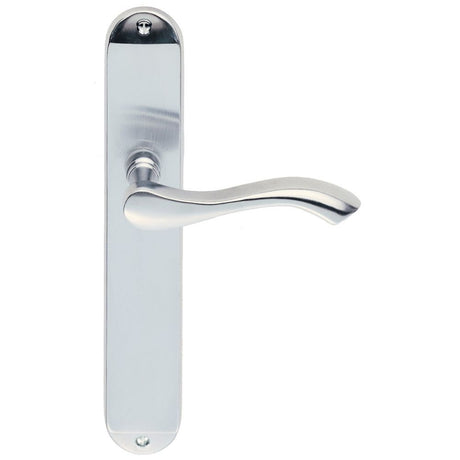 This is an image of a Carlisle Brass - Andros Lever on Long Latch Backplate - Satin Chrome that is availble to order from Trade Door Handles in Kendal.