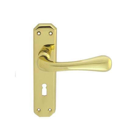 This is an image of a Carlisle Brass - Eden Lever on Lock Backplate - Polished Brass that is availble to order from Trade Door Handles in Kendal.