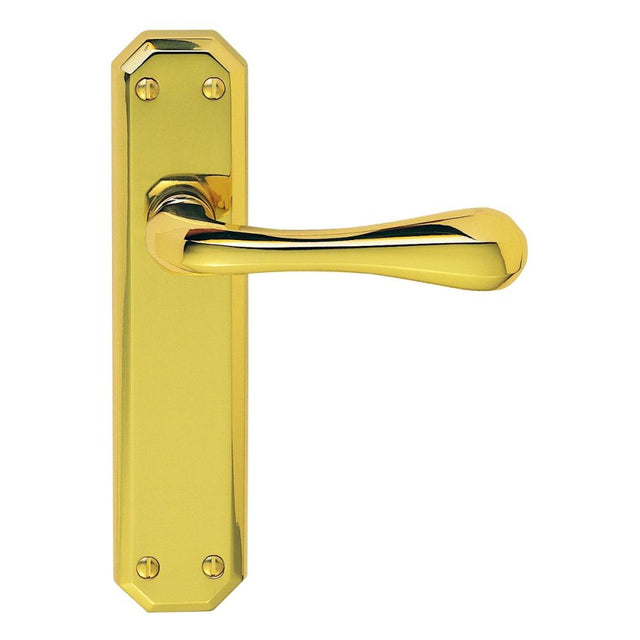 This is an image of a Carlisle Brass - Eden Lever on Latch Backplate - Polished Brass that is availble to order from Trade Door Handles in Kendal.