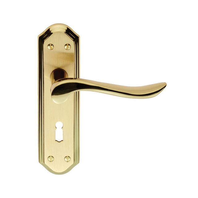 This is an image of a Carlisle Brass - Lytham Lever on Lock backplate - Dual Finish-Satin/Polished Bra that is availble to order from Trade Door Handles in Kendal.