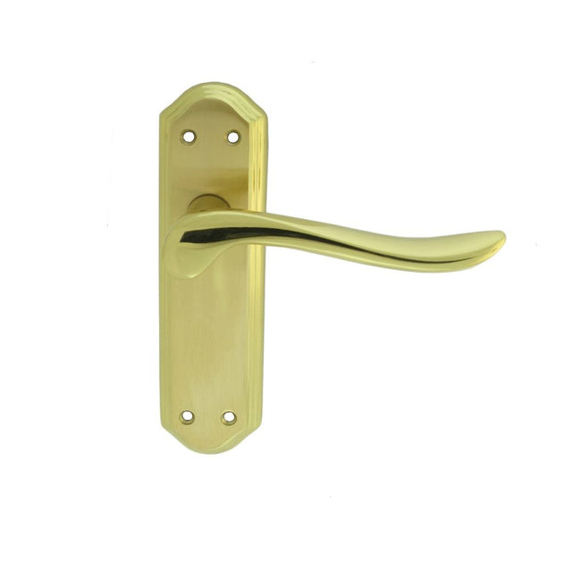 This is an image of a Carlisle Brass - Lytham Lever on Latch backplate - Dual Finish-Satin/Polished Br that is availble to order from Trade Door Handles in Kendal.