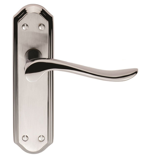 This is an image of a Carlisle Brass - Lytham Lever on Latch backplate - Dual Finish-Satin/Polished Ch that is availble to order from Trade Door Handles in Kendal.