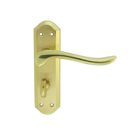 This is an image of a Carlisle Brass - Lytham Lever on WC backplate - Dual Finish-Satin/Polished Brass that is availble to order from Trade Door Handles in Kendal.