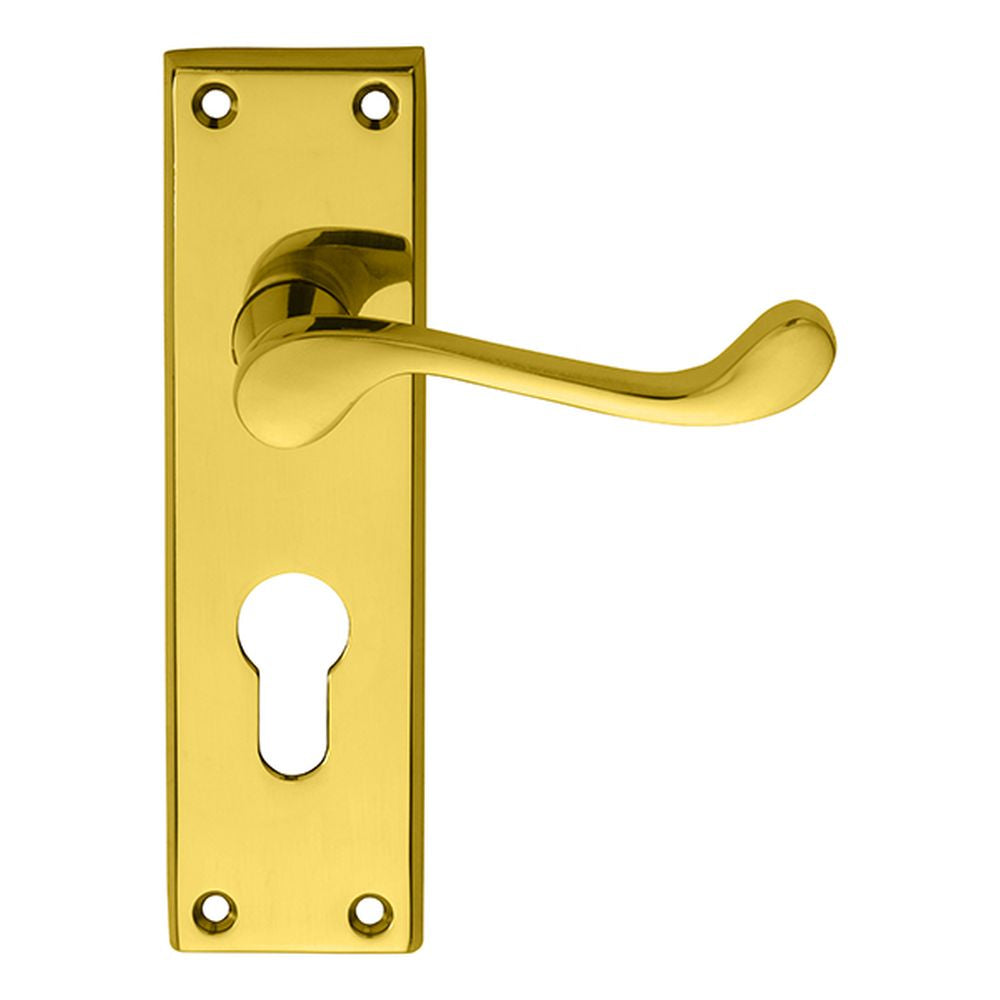 This is an image of a Carlisle Brass - Victorian Scroll Lever on Euro Lock Backplate - Polished Brass that is availble to order from Trade Door Handles in Kendal.