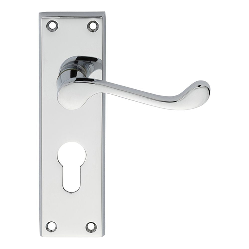 This is an image of a Carlisle Brass - Victorian Scroll Lever on Euro Lock Backplate - Polished Chrome that is availble to order from Trade Door Handles in Kendal.