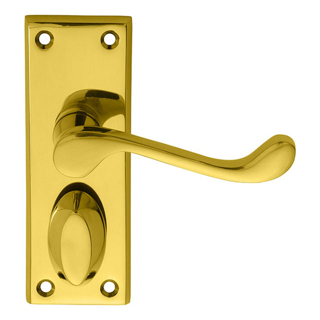 This is an image of a Carlisle Brass - Victorian Scroll Lever on Short Privacy Backplate - Polished Br that is availble to order from Trade Door Handles in Kendal.