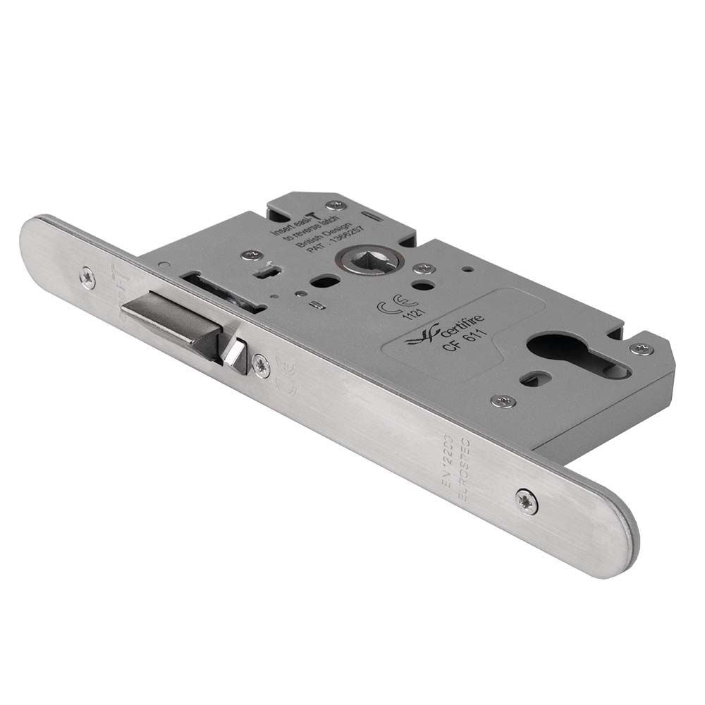 This is an image of a Eurospec - Easi-T Din Euro Profile Nightlatch Radius - Satin Stainless Steel  that is availble to order from Trade Door Handles in Kendal.