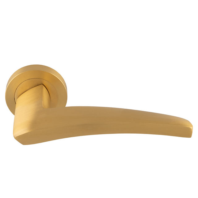 This is an image of a Manital - Dune lever on Round Rose - Satin Brass du5sb that is availble to order from Trade Door Handles in Kendal.