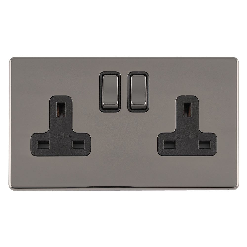 This is an image showing Eurolite Concealed 3mm 2 Gang 13Amp Dp Switched Socket - Black Nickel (With Black Trim) ecbn2sob available to order from trade door handles, quick delivery and discounted prices.