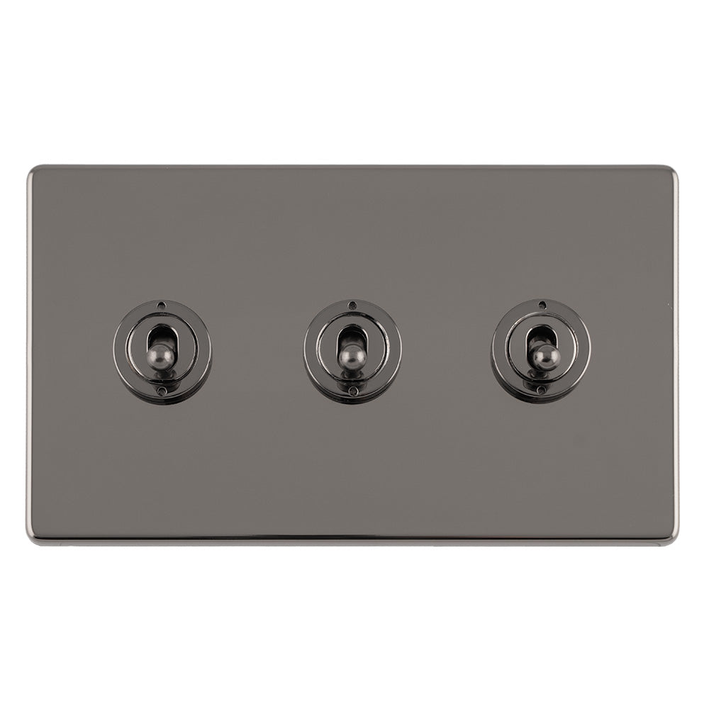 This is an image showing Eurolite Concealed 3mm 3 Gang 10Amp 2Way Toggle Switch Black Nickel Plate - Black Nickel (With Black Trim) ecbnt3sw available to order from trade door handles, quick delivery and discounted prices.