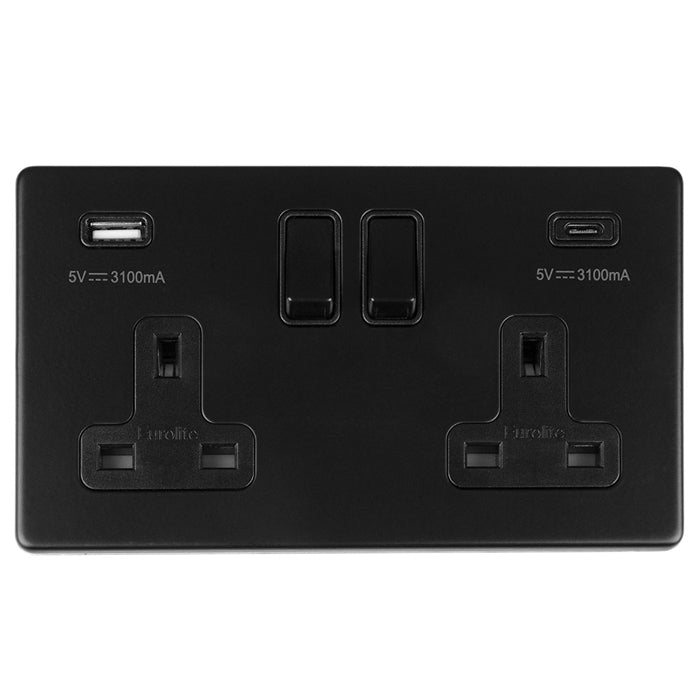 This is an image showing Eurolite Concealed 3mm 2 Gang 13Amp Switched Socket With Usb C Matt Black - Matt Black (With Black Trim) ecmb2usbcb available to order from trade door handles, quick delivery and discounted prices.