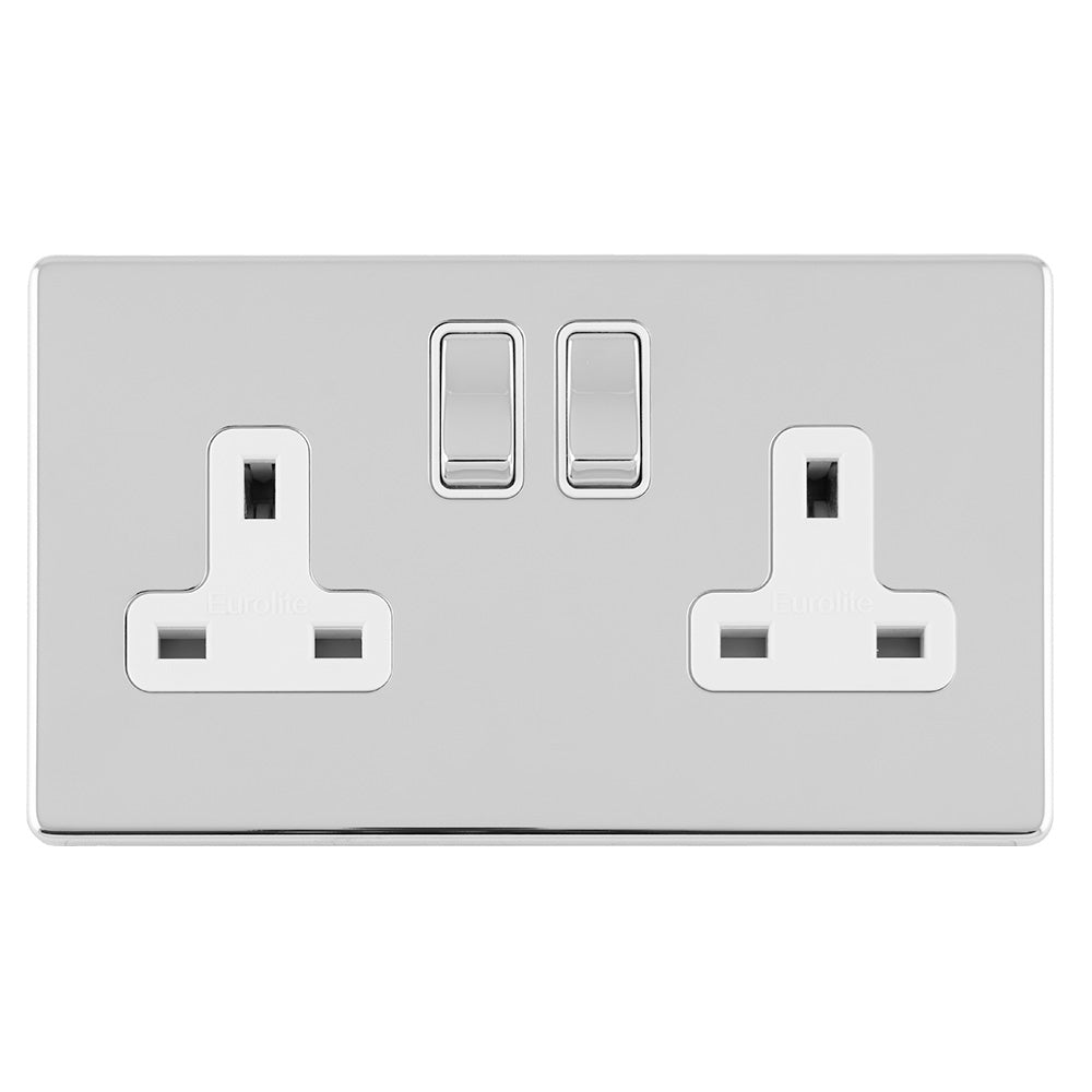 This is an image showing Eurolite Concealed 3mm 2 Gang 13Amp Dp Switched Socket - Polished Chrome (With White Trim) ecpc2sow available to order from trade door handles, quick delivery and discounted prices.