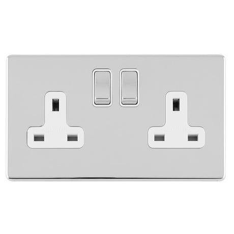 This is an image showing Eurolite Concealed 3mm 2 Gang 13Amp Dp Switched Socket - Polished Chrome (With White Trim) ecpc2sow available to order from trade door handles, quick delivery and discounted prices.