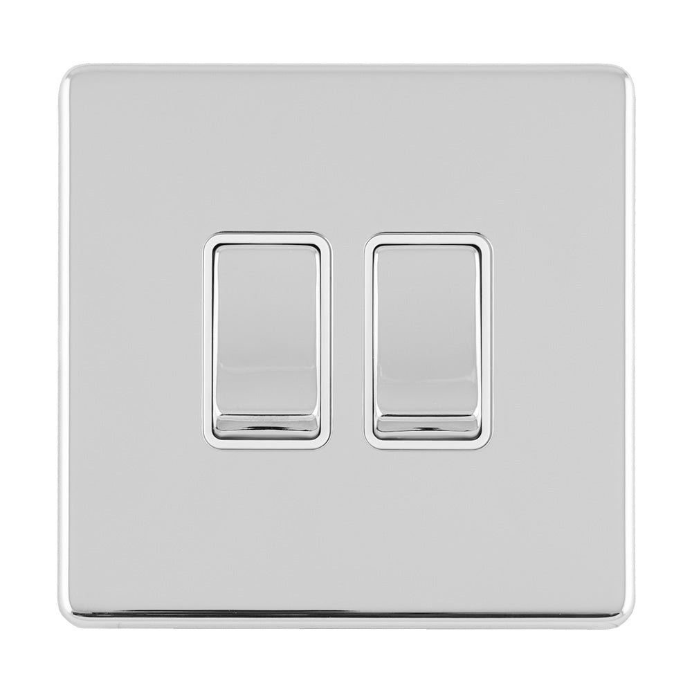 This is an image showing Eurolite Concealed 3mm 2 Gang 10Amp 2Way Switch - Polished Chrome (With White Trim) ecpc2sww available to order from trade door handles, quick delivery and discounted prices.