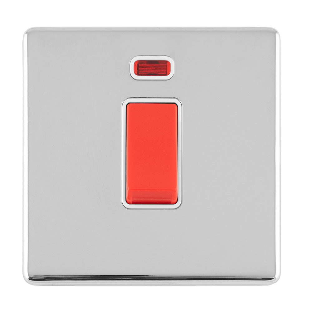 This is an image showing Eurolite Concealed 3mm 1 Gang 45Amp Dp Switch With Neon - Polished Chrome (With White Trim) ecpc45aswnsw available to order from trade door handles, quick delivery and discounted prices.