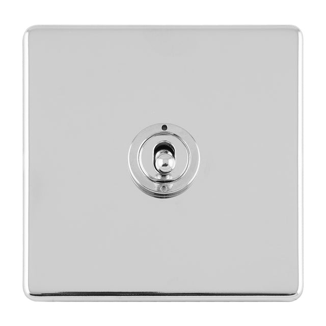 This is an image showing Eurolite Concealed 3mm 1 Gang 10Amp 2Way Toggle Switch Polished Chrome Plate - Polished Chrome (With White Trim) ecpct1sw available to order from trade door handles, quick delivery and discounted prices.