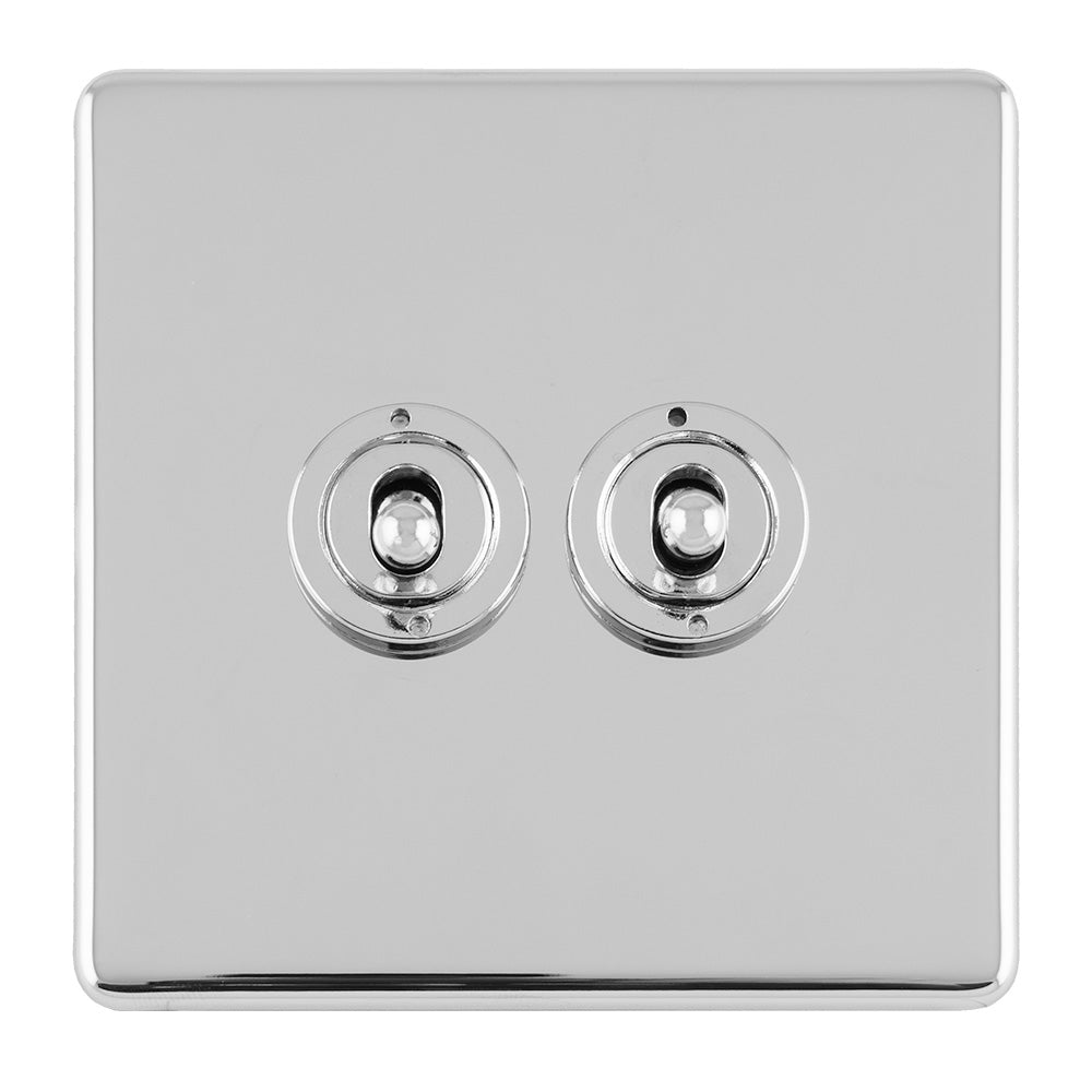 This is an image showing Eurolite Concealed 3mm 2 Gang 10Amp 2Way Toggle Switch Polished Chrome Plate - Polished Chrome (With White Trim) ecpct2sw available to order from trade door handles, quick delivery and discounted prices.