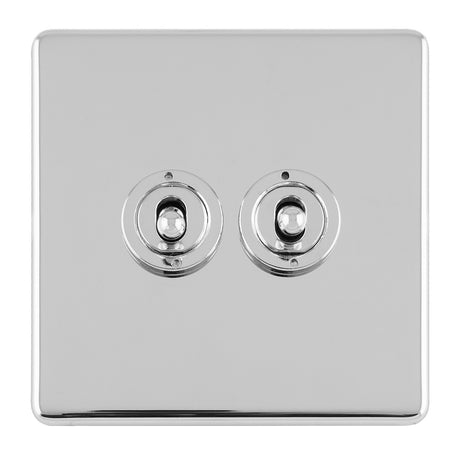 This is an image showing Eurolite Concealed 3mm 2 Gang 10Amp 2Way Toggle Switch Polished Chrome Plate - Polished Chrome (With White Trim) ecpct2sw available to order from trade door handles, quick delivery and discounted prices.