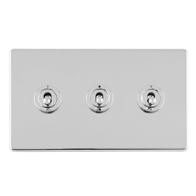 This is an image showing Eurolite Concealed 3mm 3 Gang 10Amp 2Way Toggle Switch Polished Chrome Plate - Polished Chrome (With White Trim) ecpct3sw available to order from trade door handles, quick delivery and discounted prices.