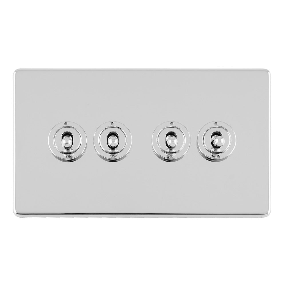 This is an image showing Eurolite Concealed 3mm 4 Gang 10Amp 2Way Toggle Switch Polished Chrome Plate - Polished Chrome (With White Trim) ecpct4sw available to order from trade door handles, quick delivery and discounted prices.