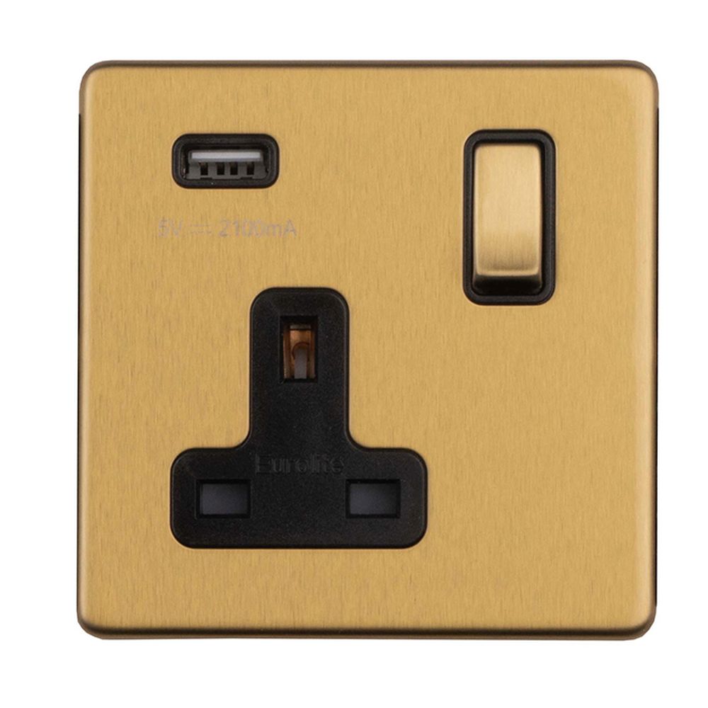 This is an image showing Eurolite Concealed 3mm 1 Gang Switched Socket With USB - Satin Brass ecsb1usbb available to order from trade door handles, quick delivery and discounted prices.